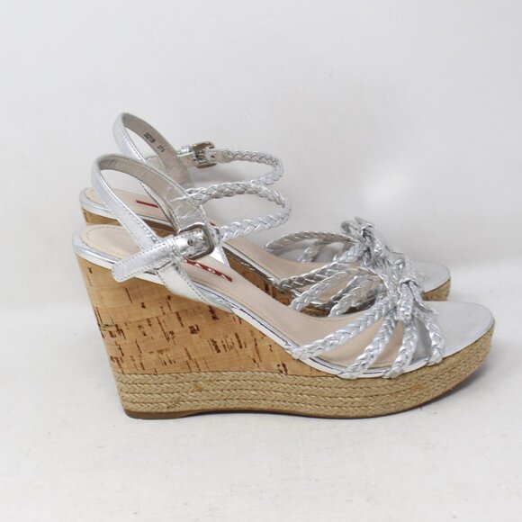 Prada #Y3N4UG Cork Braided Wedges Size 37.5 - Picture 2 of 8